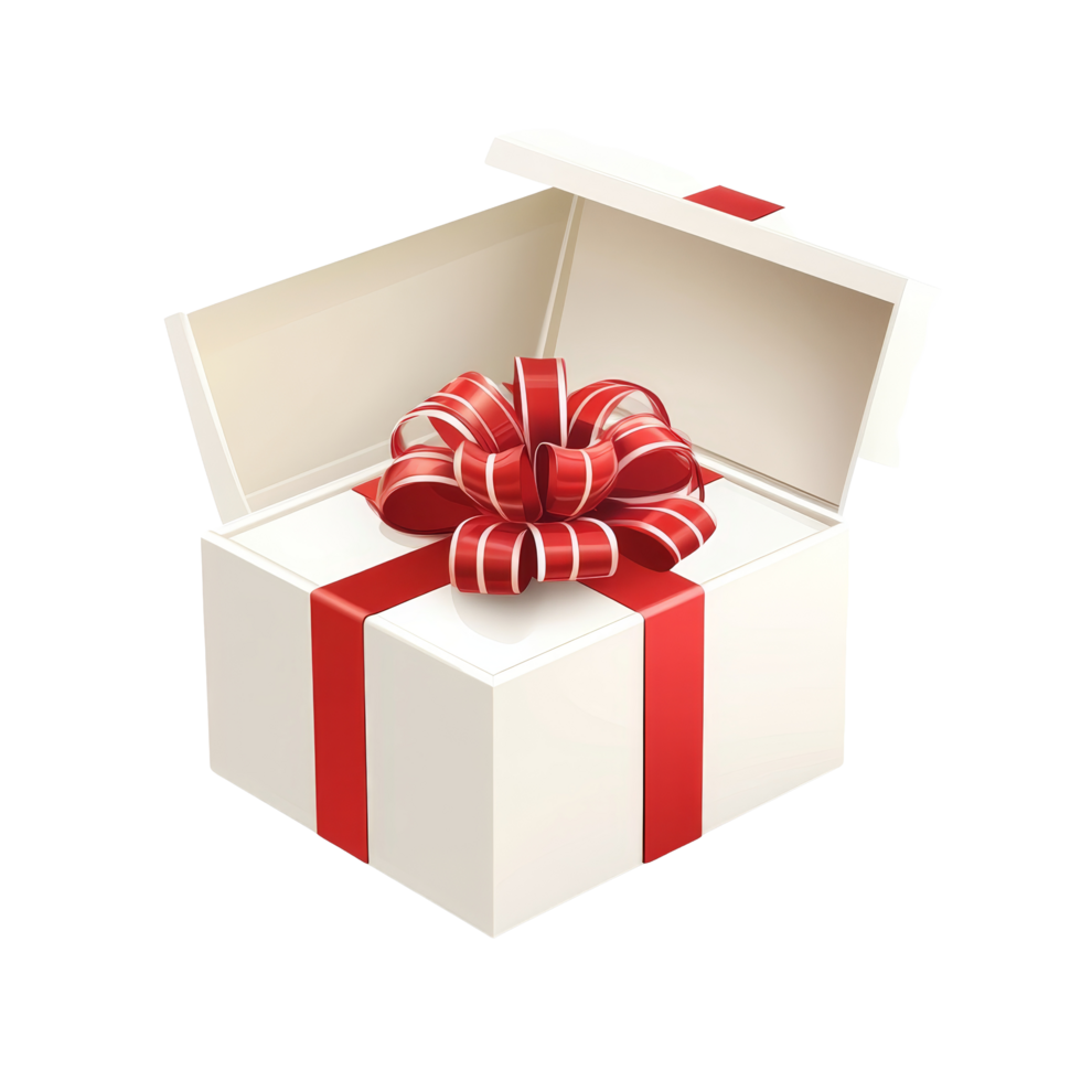 A festive gift box is open, revealing a beautiful interior adorned with a vibrant ribbon and bow, Open Gift Box Isolated Stock Illustration png