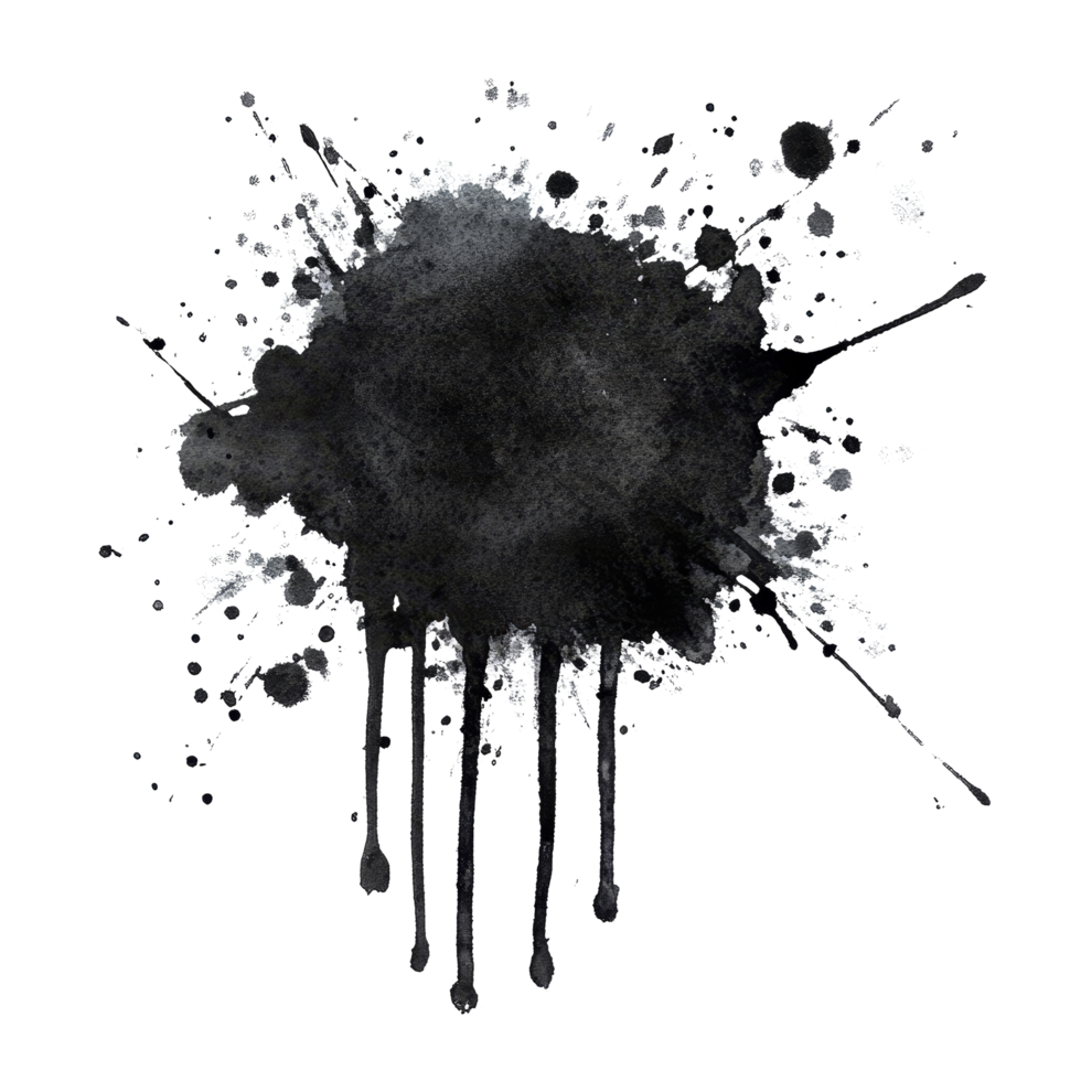 Black watercolor splash with splatters on a transparent background for creative designs, black red color splash isolated on transparent background png