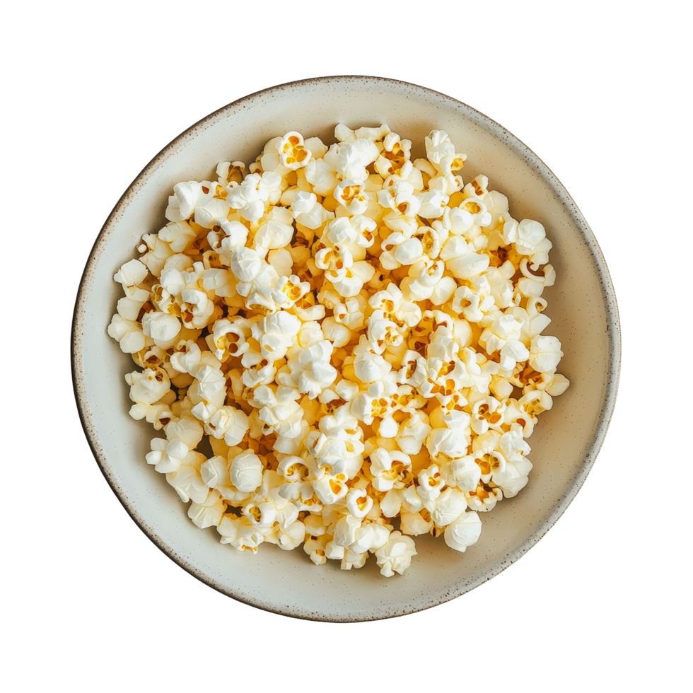 Deliciously popped corn in a bowl ready to enjoy on a clean transparent background, Popcorn in plate on transparent background png