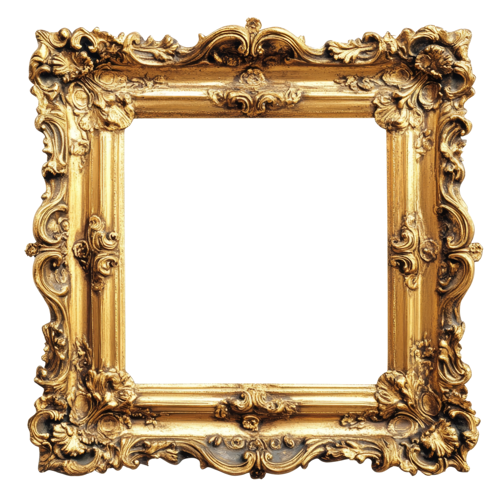 Antique golden frame with intricate details isolated on a transparent background for artistic display, Antique golden frame isolated on transparent background png