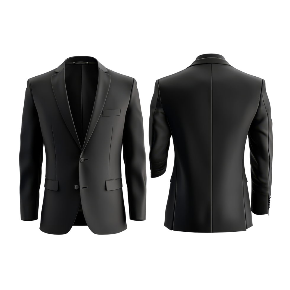 Elegant black suit jacket mockup showcasing front and back views for tailored fashion presentation, Elegant Black Suit Jacket Mockup from Front and Back Views on transparent background png