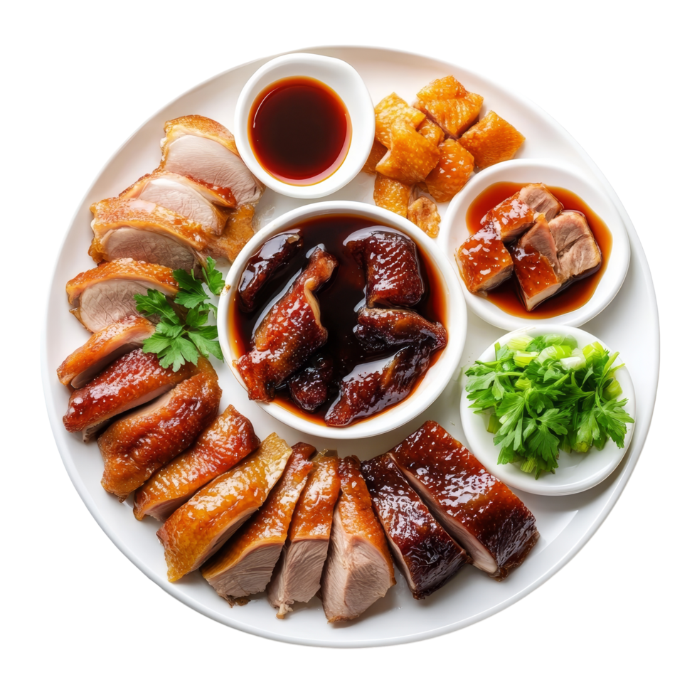 Delicious top view of a traditional Peking duck platter showcasing crispy skin, tender meat, and flavorful sauces, top view delicious peking duck food plate on a transparent background png