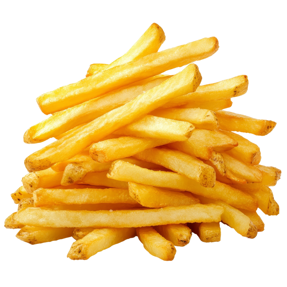 A delicious stack of golden French fries isolated on a clean transparent background ready to be enjoyed any time, Stacked french fries isolated png