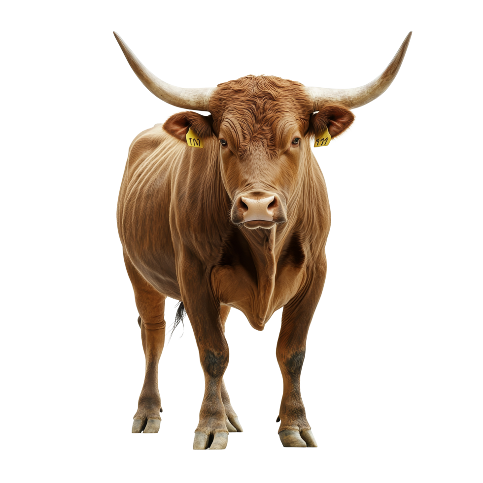 An aggressive brown bull stands confidently against a bright transparent backdrop, Angry brown bull on a transparent background, png