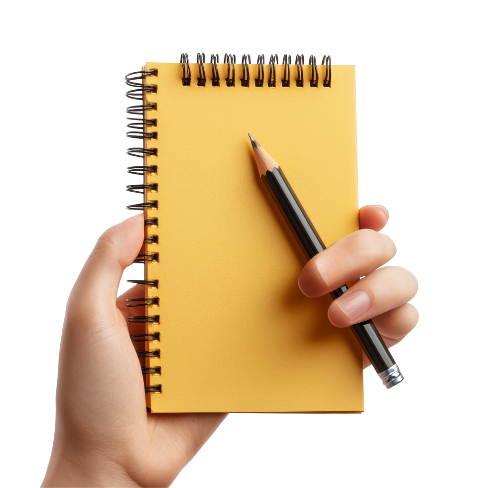 Hands holding a yellow notebook and pen for office planning and organizing tasks during, Office planner, business organizer, hands holding pens, writing. Notepad, pencil isolated on transparent png