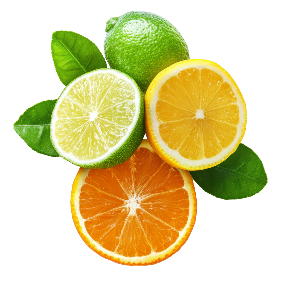 Fresh citrus fruits arranged on a transparent background featuring orange, lemon, lime, and bergamot slices with leaves, orange lemon lime bergamot isolated on transparent background png