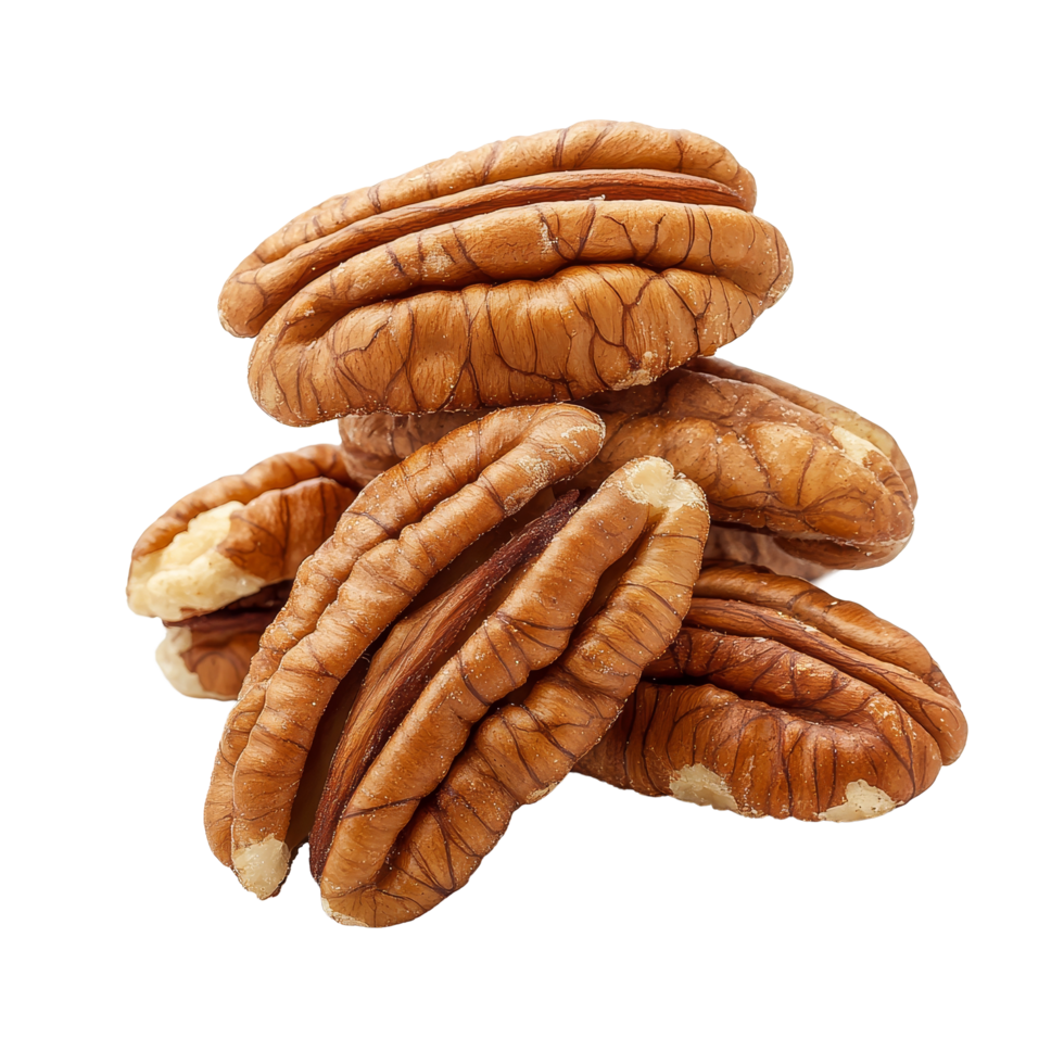 Freshly harvested pecans stacked on a clean transparent background, showcasing their rich texture and color, Pecans isolated on transparent background png