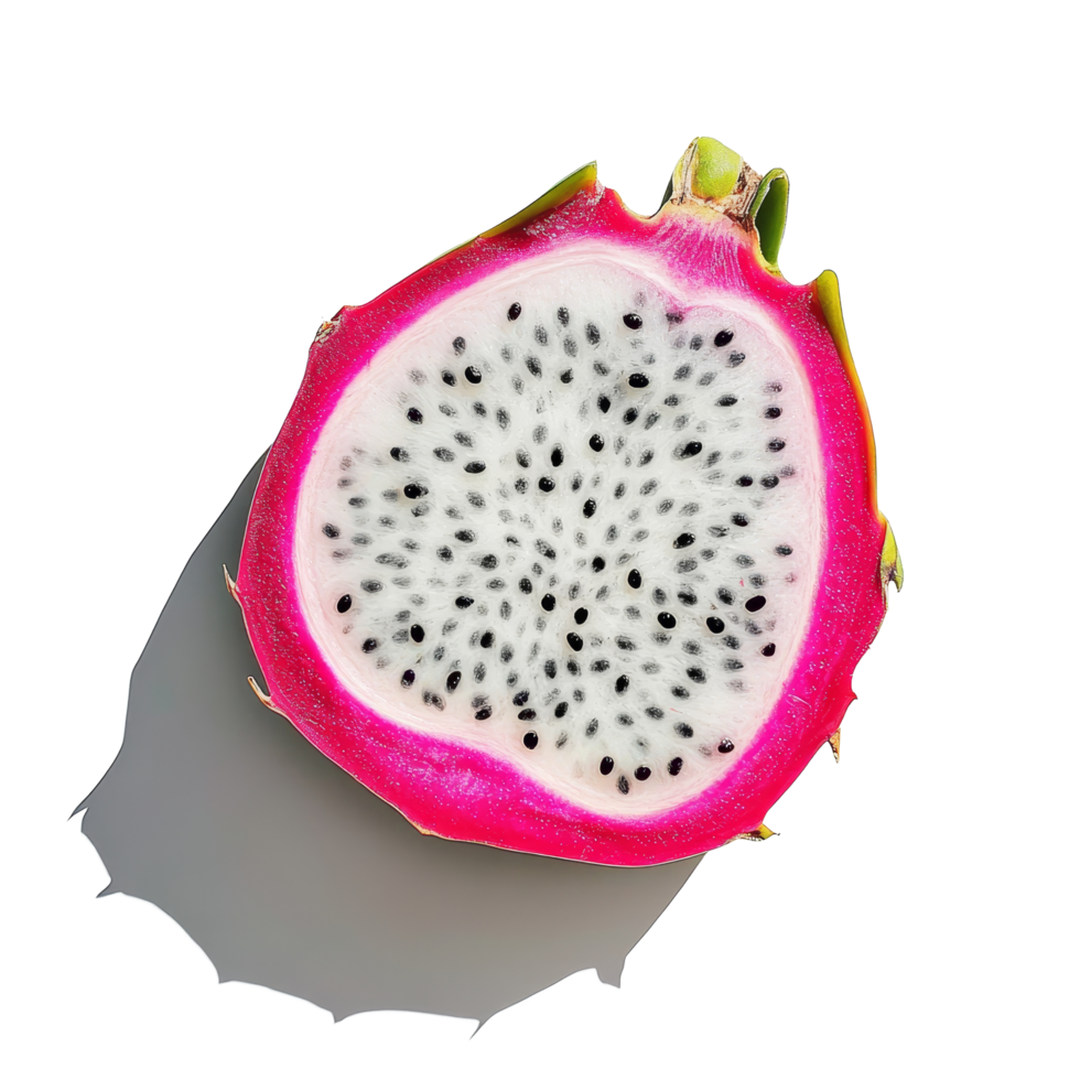 Vibrant dragon fruit slice with transparent flesh and black seeds on a clean transparent background for culinary appeal, Dragon Fruit slice on transparent background png