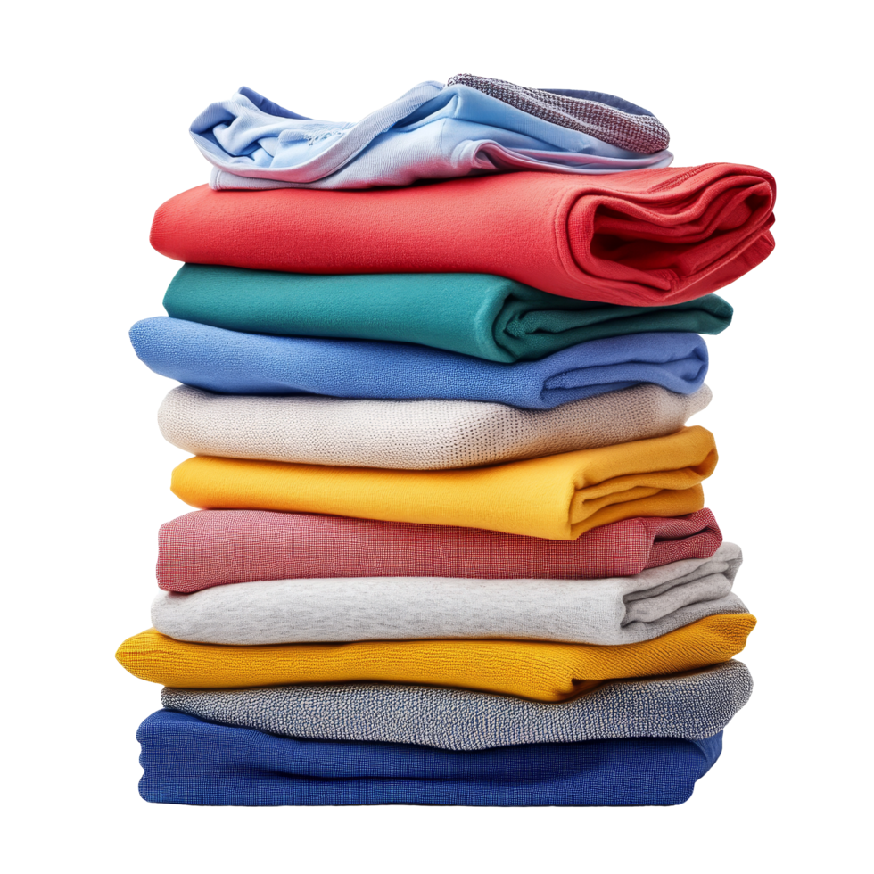 A neatly stacked pile of clean, colorful clothes on a transparent background for laundry and organization needs, Stack of clean clothes transparent background, isolated solid transparent background png