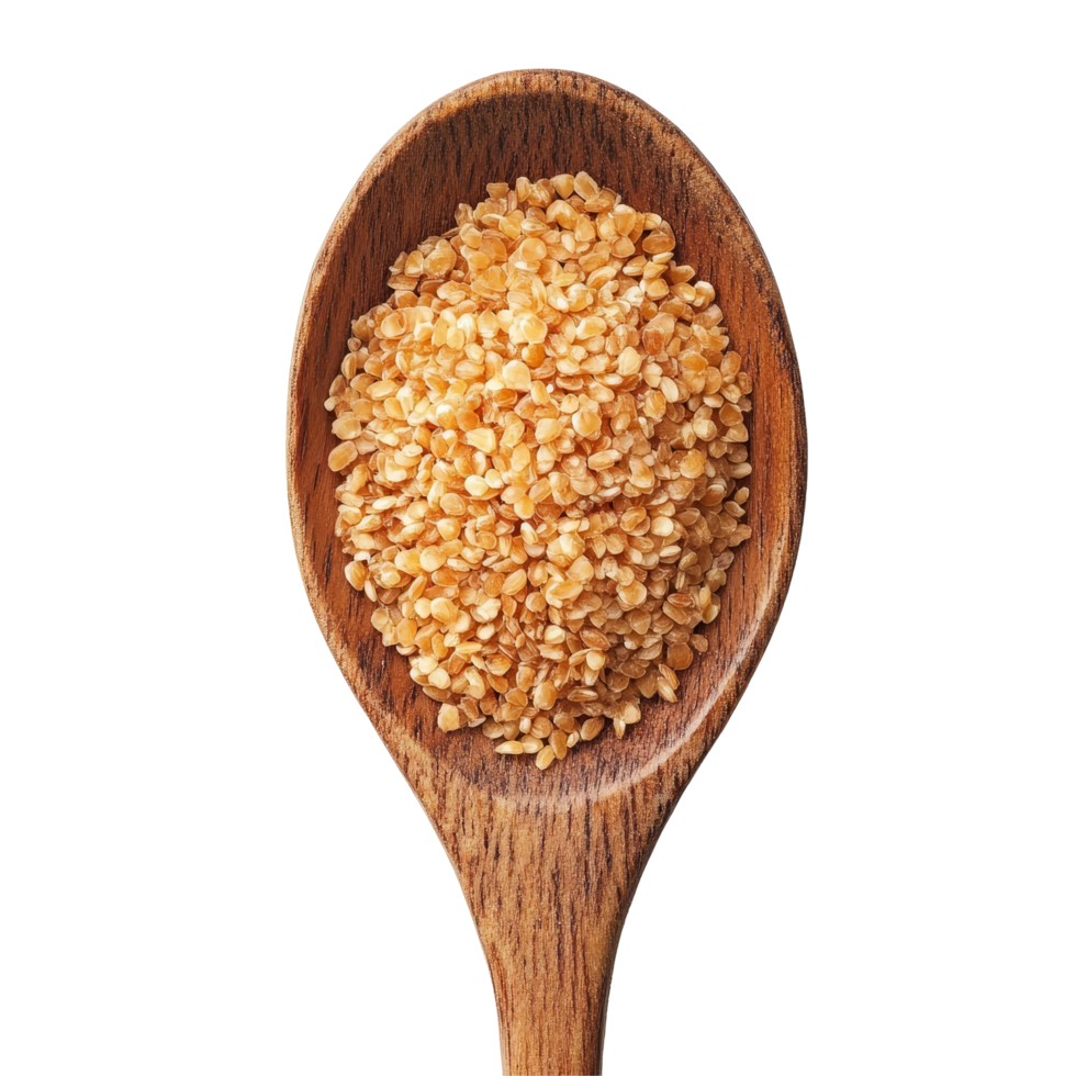 Wheat germ piled in a wooden spoon on a clean transparent background for healthfocused culinary uses, Wheat germ in wood spoon on transparent background png