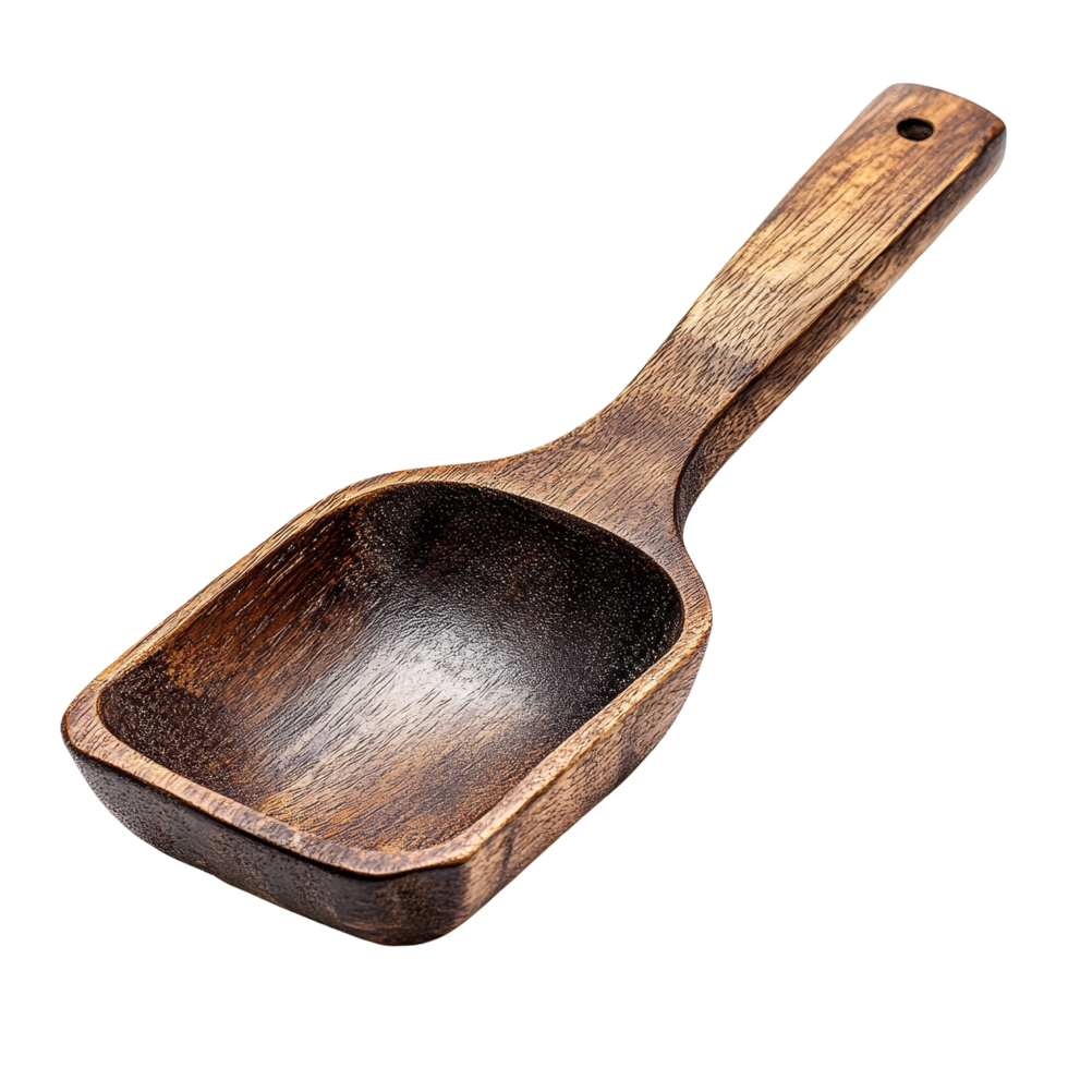 Isolated wooden seasoning scoop crafted for culinary use, showcasing natural grain and unique design, ideal for cooking, Isolated wooden cooking seasoning scoop png