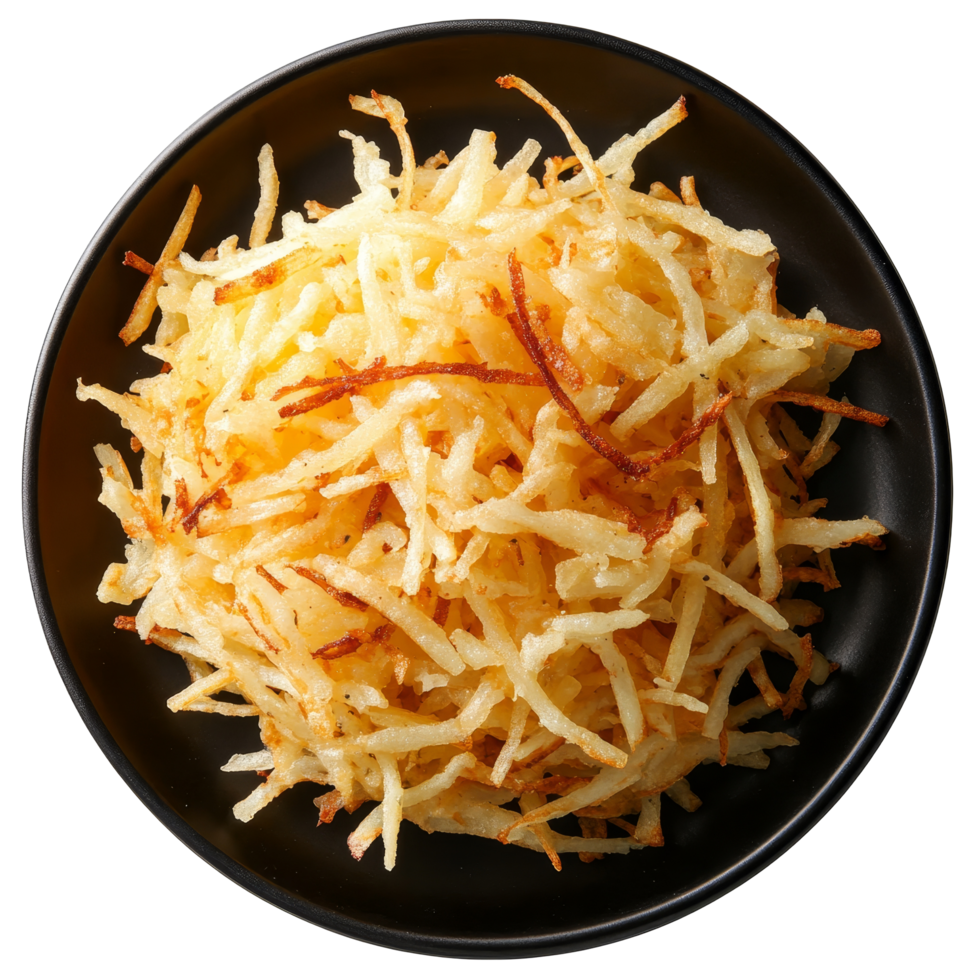 Crispy hash browns served on a black plate from a top view, perfect for breakfast or brunch, Hash browns on black plate, top view, isolated transparent background png
