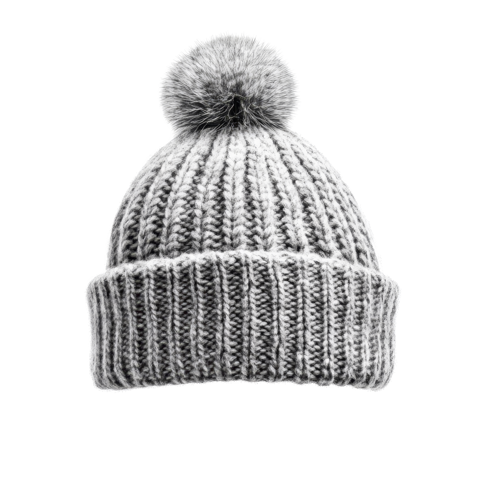 Cozy gray winter hat with a fluffy pompom, perfect for cold weather adventures and outdoor activities, gray warm winter hat with pompom, file of isolated object with shadow on transparent background png