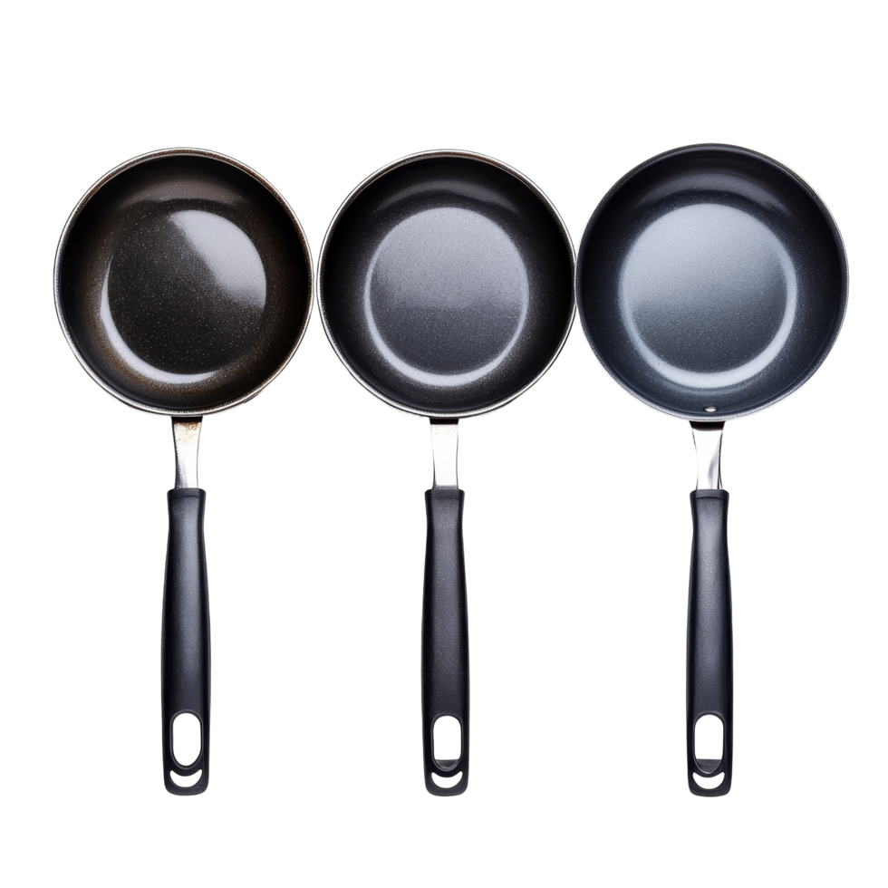 Isolated frying pans in a row on a clean transparent background showcasing their sleek designs and ready for use, Frying Pans, Isolated on transparent background png