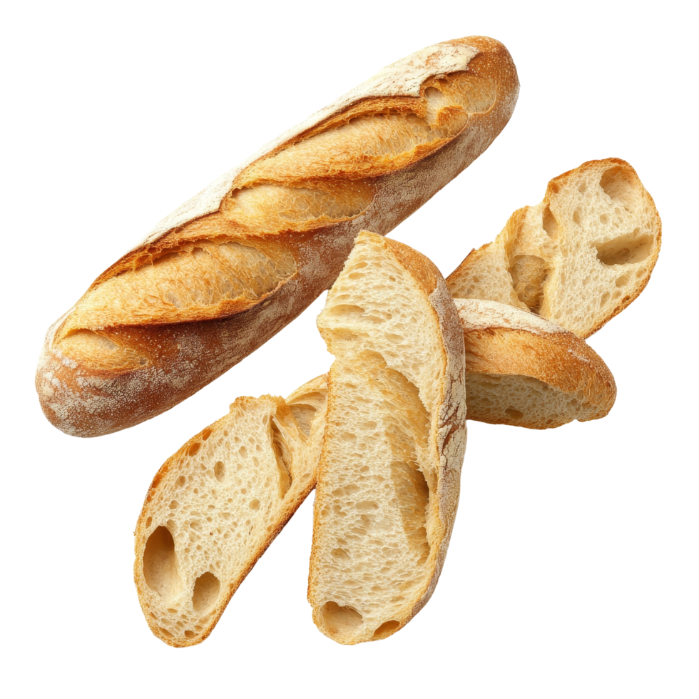Freshly sliced baguette showcasing its crusty exterior and soft interior on a transparent background, sliced baguette bread isolated on transparent background png