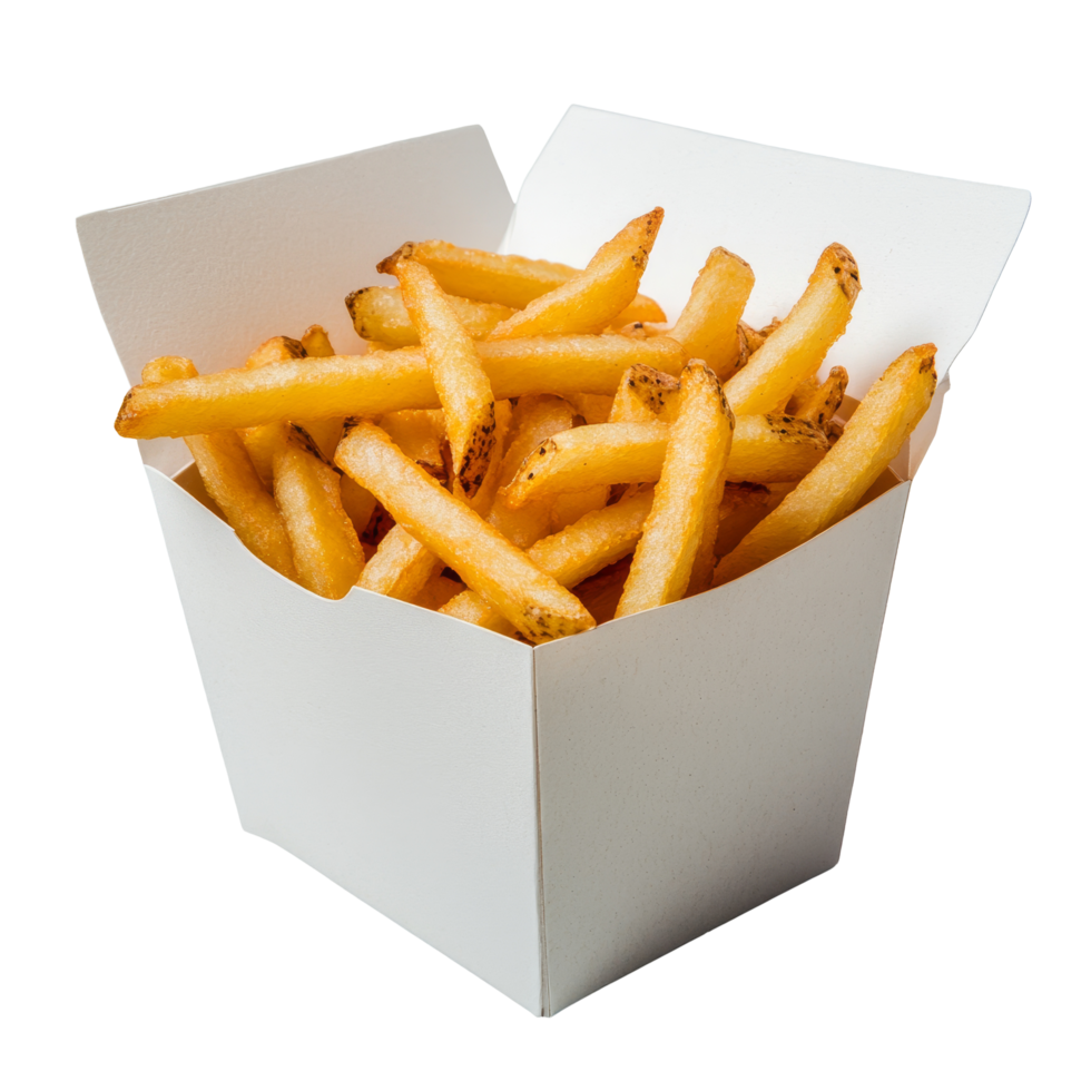 Delicious golden french fries served in a transparent paper box against a minimalist background, Front view of french fries in a transparent paper box png