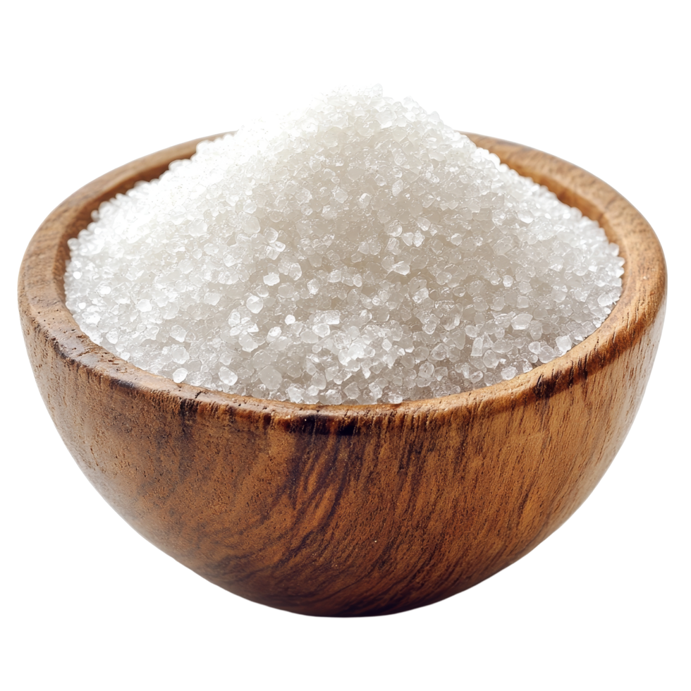 Gravel sugar in a wooden bowl against a clean transparent background, perfect for culinary uses and stylish displays, gravel sugar in wood bowl on transparent background png