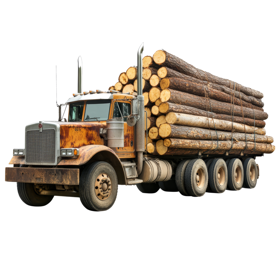 Side view of a logging truck loaded with freshly cut logs on a rural road, showcasing forestry transportation, Side View of Logging Truck, Loaded with Logs, Isolated on transparent background png