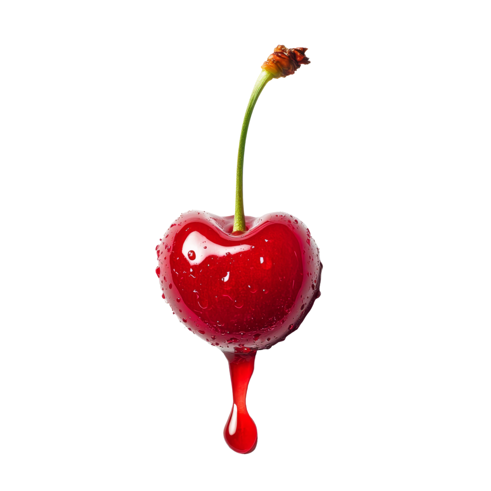 Fresh half ripe red cherry with juice dripping on a clean transparent surface showcasing its vibrant color and freshness, half ripe red cherry with juice dripping isolated on transparent background png