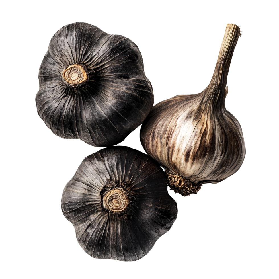 Three black garlic bulbs arranged on a transparent background showcasing their unique texture, Black garlic bulbs on transparent background png