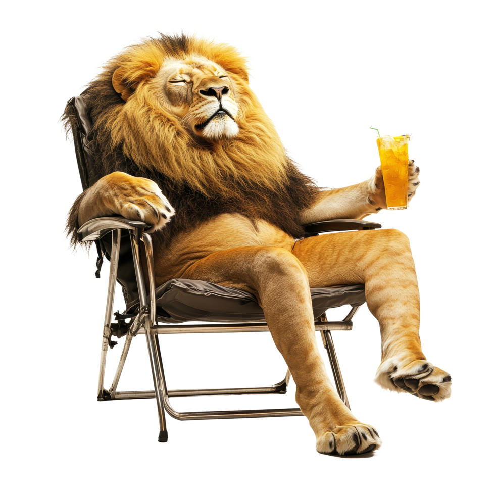 A relaxed lion enjoying a cocktail while lounging in a chair against a transparent background, Relaxed Lion in Chair with Cocktail on transparent background png