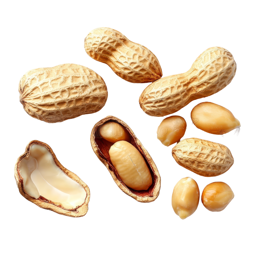 Opened shell peanuts and unpeeled peanuts displayed on a transparent background, showcasing their natural texture and color, Opened shell peanut and unpeeled peanuts over transparent background png