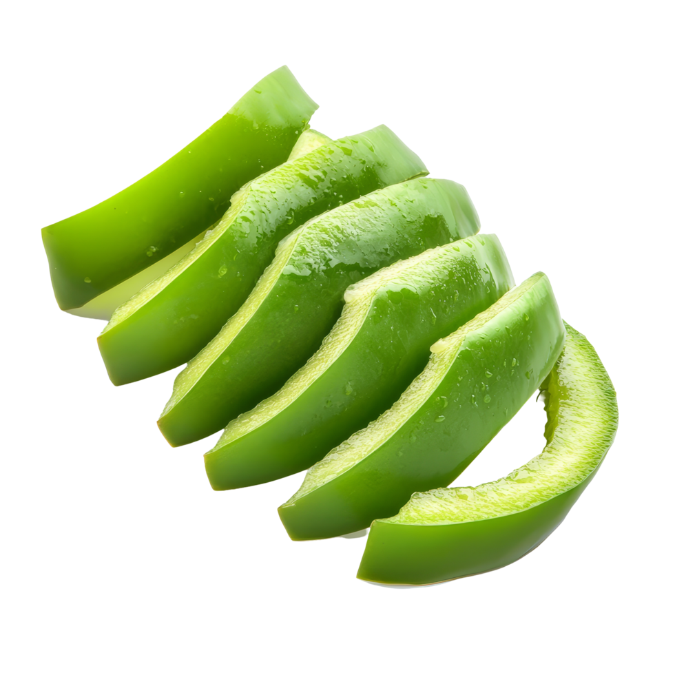 Sliced green pepper sections isolated on a clean transparent background for culinary presentations and recipes, Sliced green pepper isolated on transparent background png