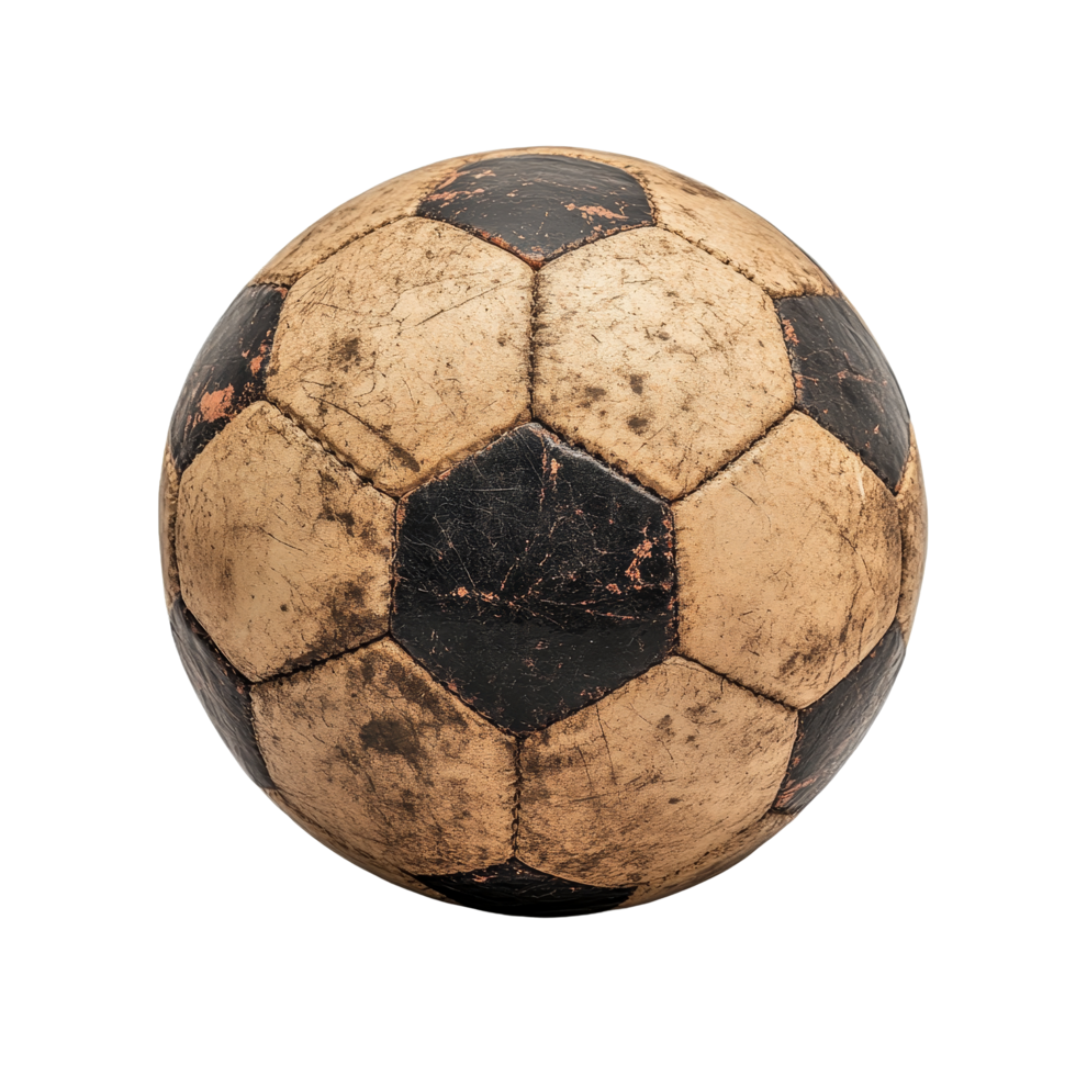 An old soccer ball resting on a transparent background, representing years of play and memories in outdoor sports, Old soccer ball on transparent background png