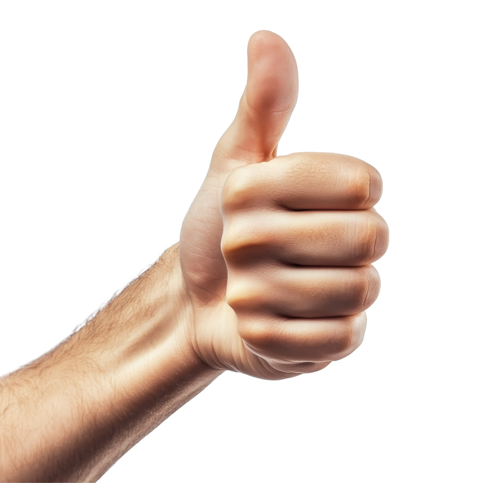 A positive thumbs up hand sign on a clean transparent background symbolizing encouragement and approval, Positive Thumbs Up Hand Sign on transparent background png