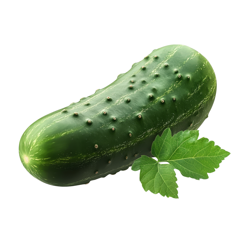 Fresh cucumber with vibrant green leaves isolated on a clean transparent background, showcasing natural textures and colors, Cucumber with leaf isolated on transparent background png