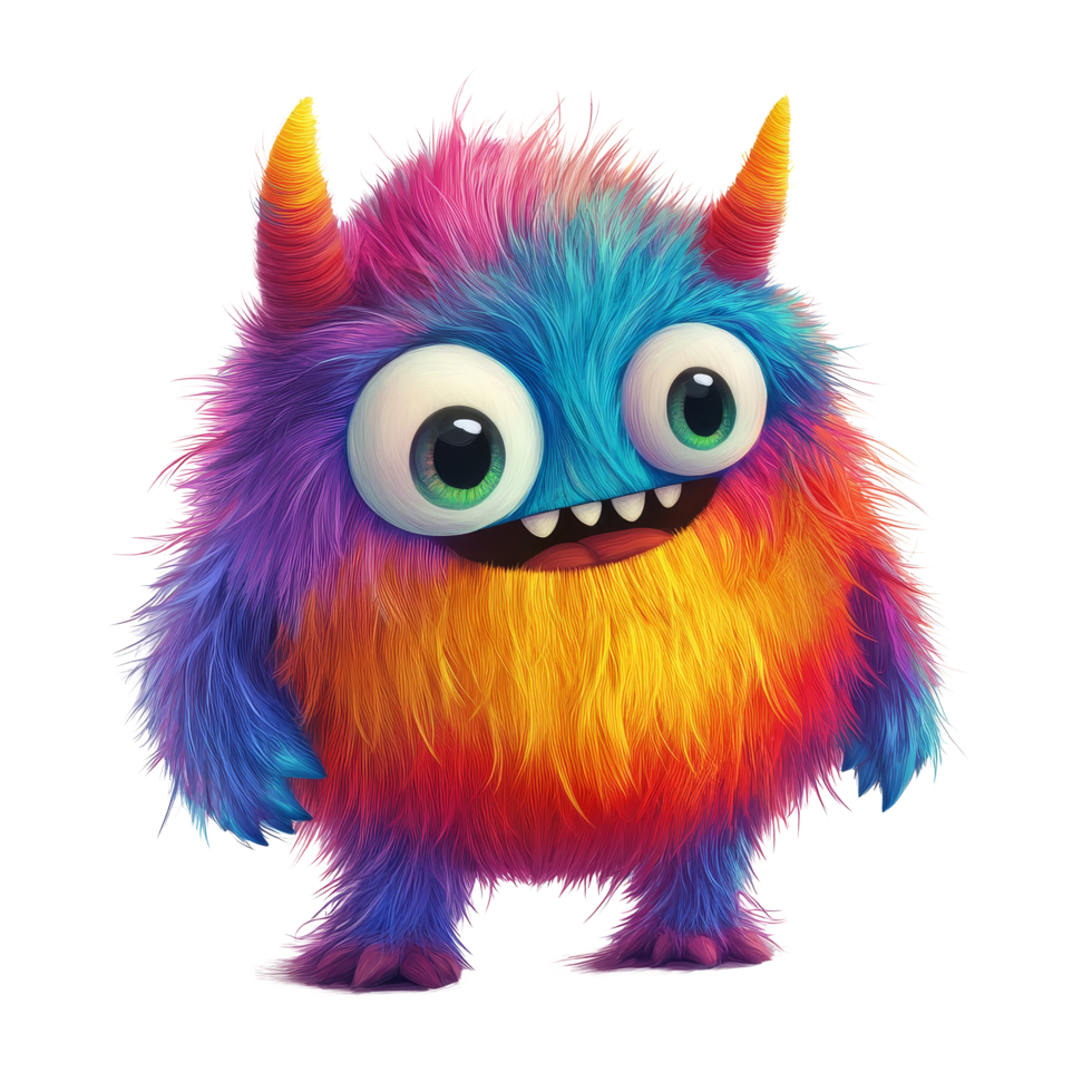 A vibrant and cheerful furry monster stands out on a pure transparent background, showcasing its playful personality, Colorful Furry Monster Cartoon Character on transparent background png