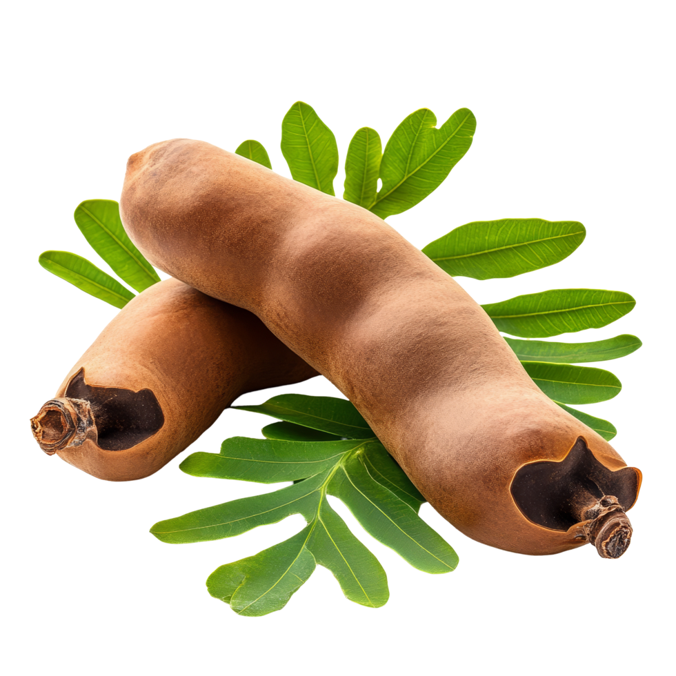 Tamarind pods with fresh leaves on a transparent background showcasing natural beauty and texture, tamarind with leaf isolated on transparent background png