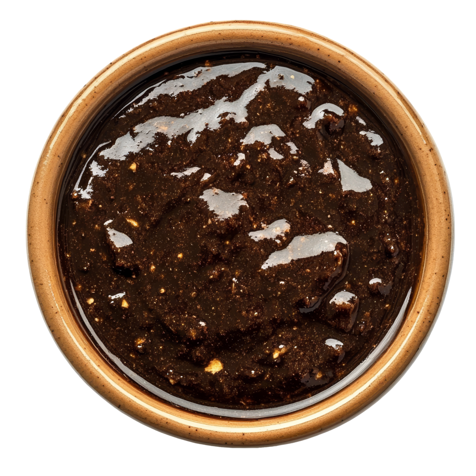 Mole poblano sauce in a rustic bowl isolated on a transparent background perfect for culinary presentations, mole poblano sauce on bowl isolated on transparent background png