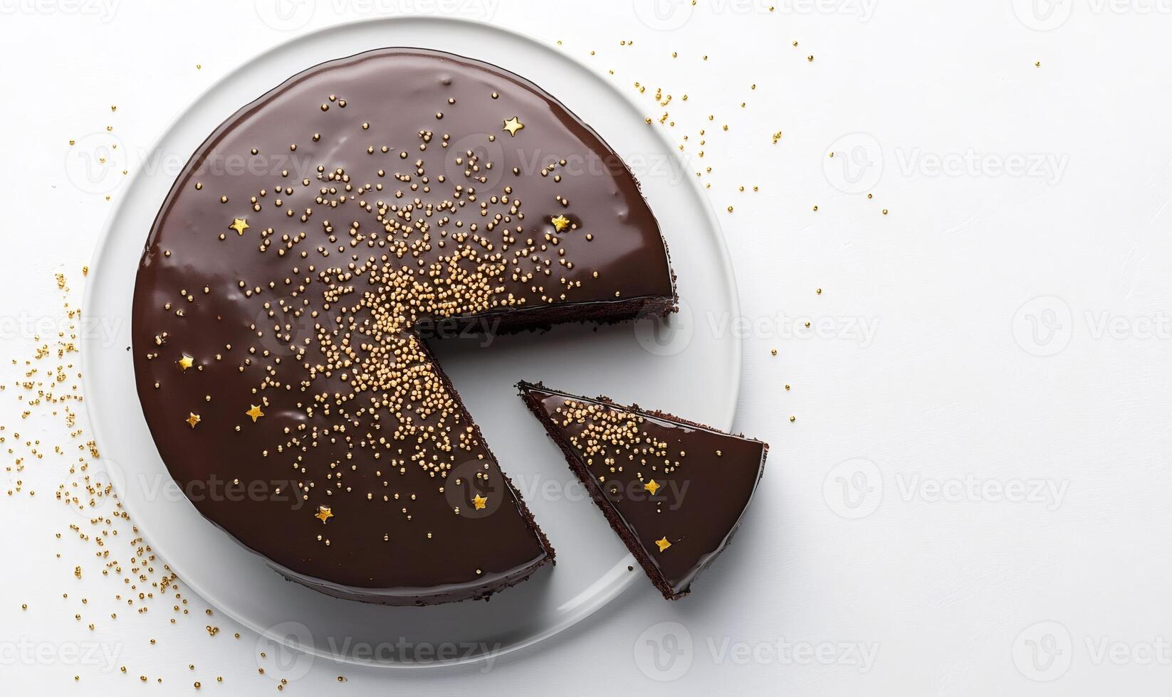 Round chocolate cake with a single slice cut, decorated with golden sprinkles and star-shaped confetti, placed on a white plate against a white background photo