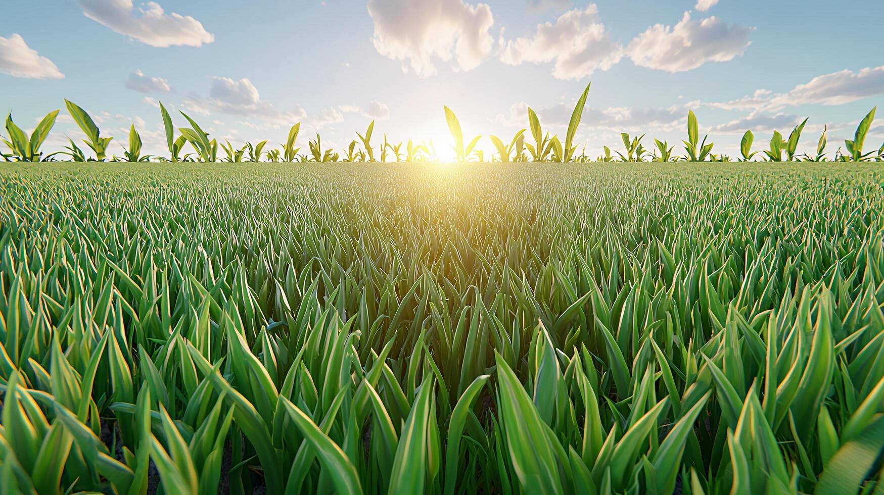 Green Grass Field at Sunrise with Bright Sky and Fluffy Clouds photo