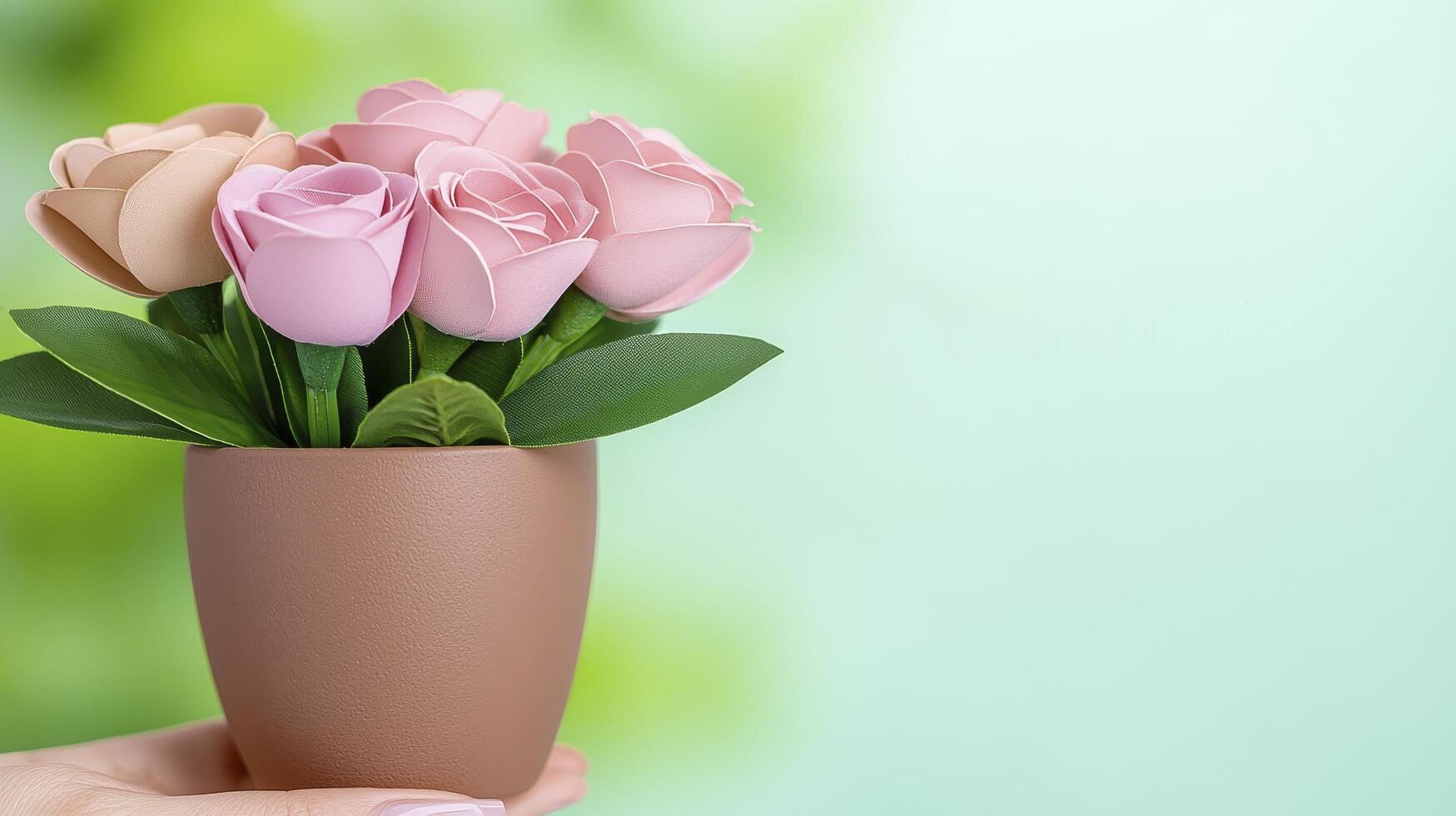 Hand Holding Pot of Artificial Pink and Beige Roses Against Green Background photo