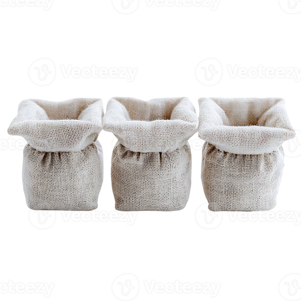 three empty burlap sacks isolated on transparent background png