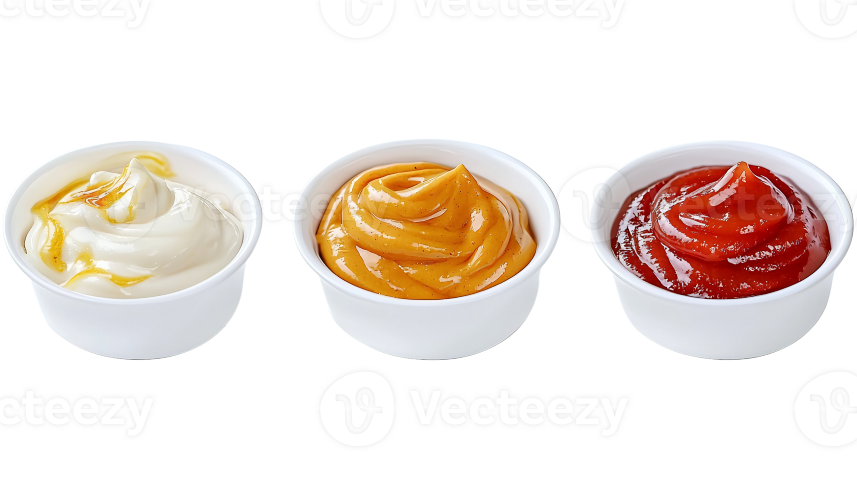 variety of sauces ketchup, honey mustard, and yogurt. png