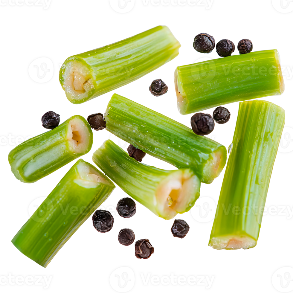 celery sticks and black peppercorns on transparent background png