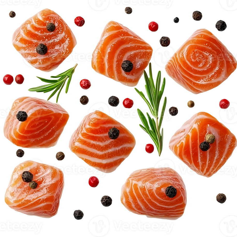 fresh salmon pieces with herbs and spices on transparent background. png