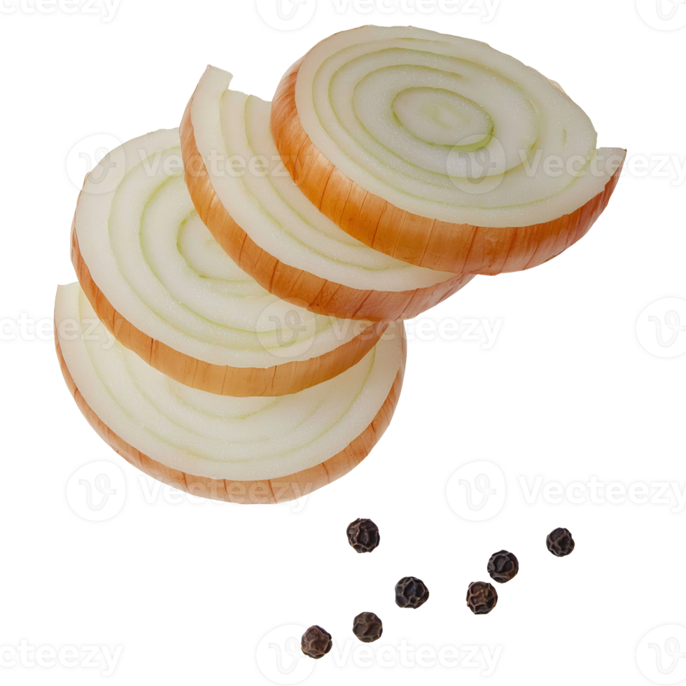 sliced onion and black pepper on transparent background png