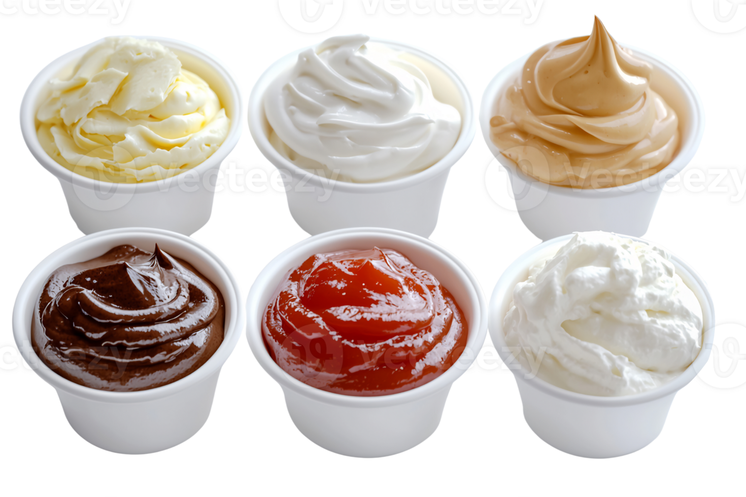 assorted sauces in white cups on transparent background png