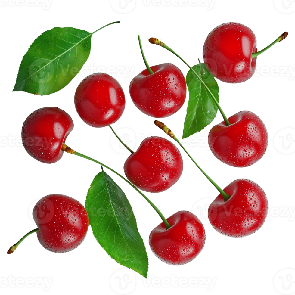 fresh red cherries with leaves on transparent background png