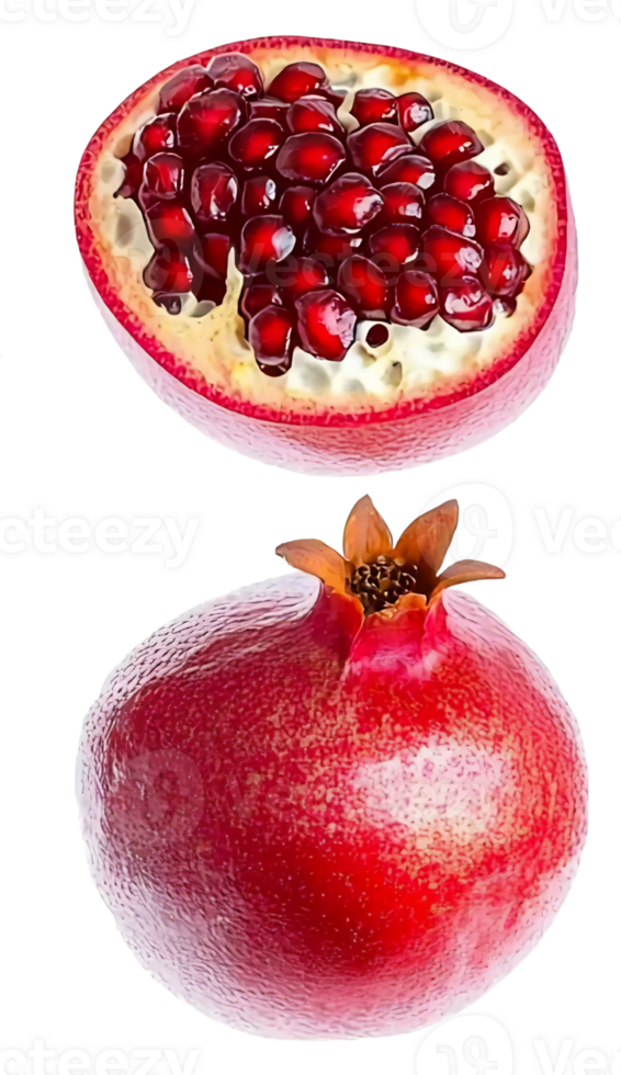 fresh pomegranate fruit, whole and half, isolated on black png