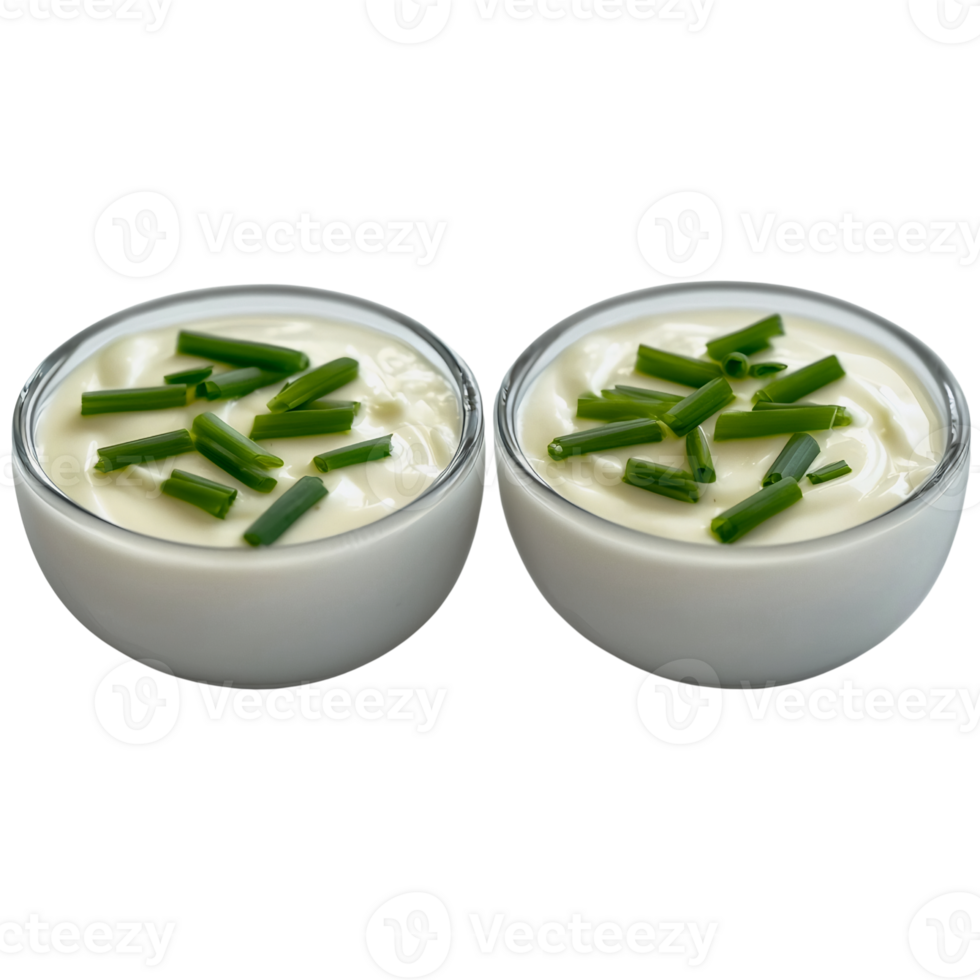 two bowls of sour cream with chives on transparent background png