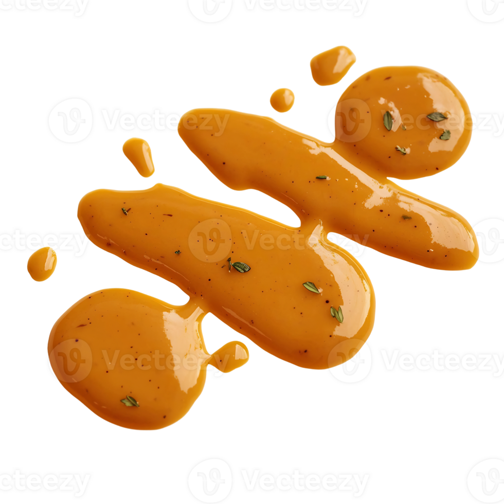 mustard sauce splash with herbs on transparent background. png