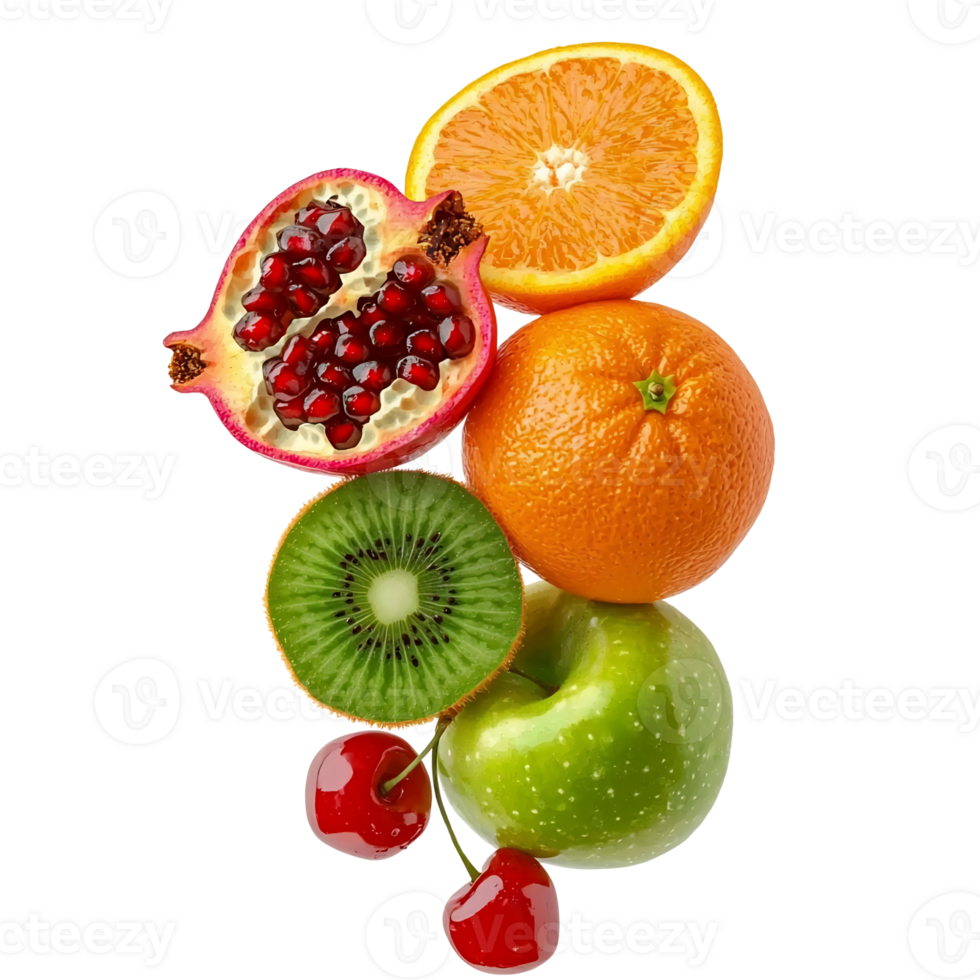 colorful fruits stacked on transparent background. png