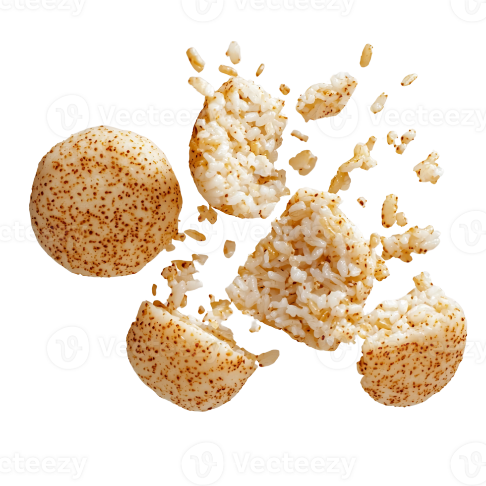 flying rice balls with black background. png