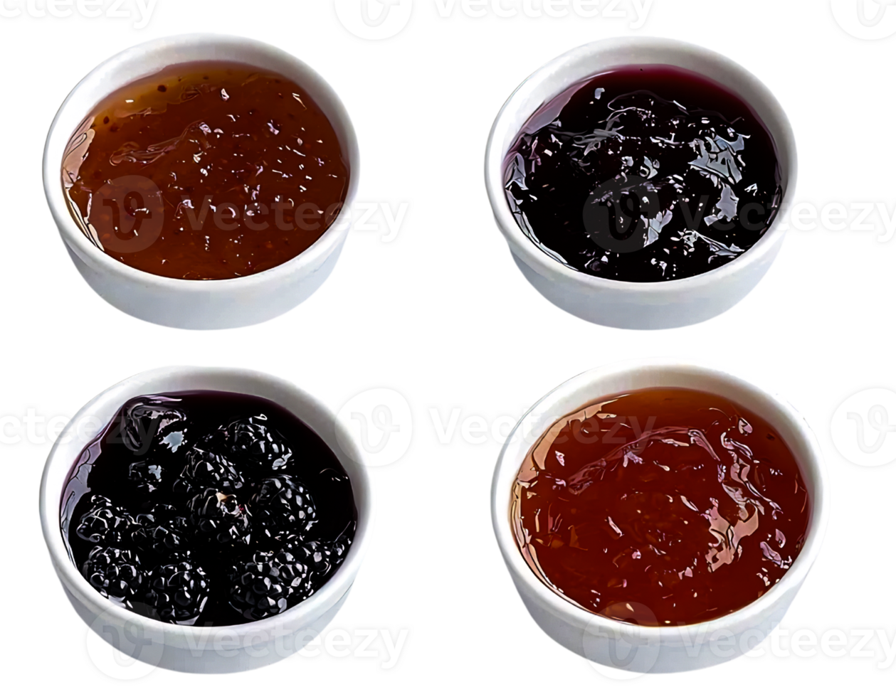 assorted fruit jams in white bowls, isolated on transparent background. png