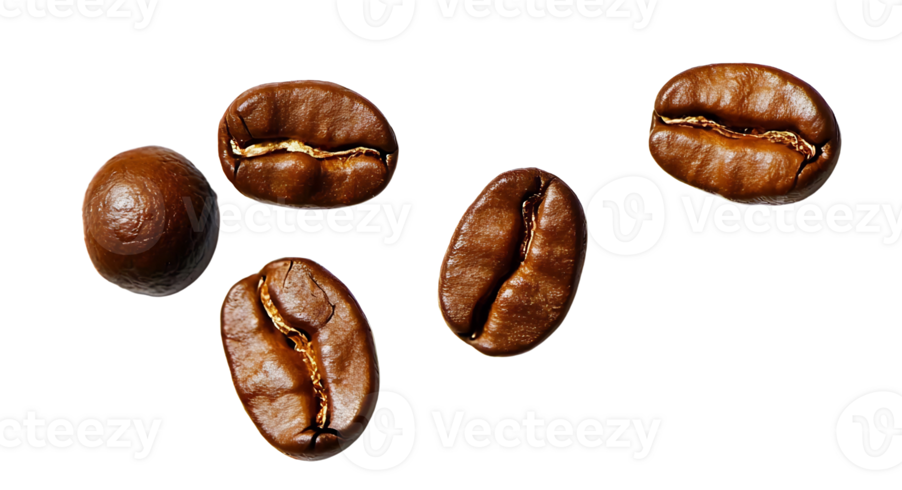 roasted coffee beans on transparent background, close up. png